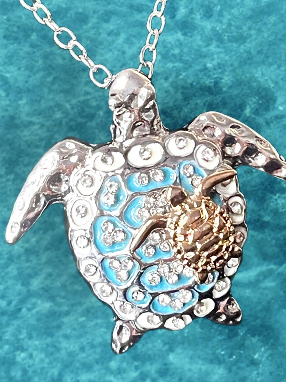 Silver and Blue Sea Turtle Pendant Necklace with Gold Accent